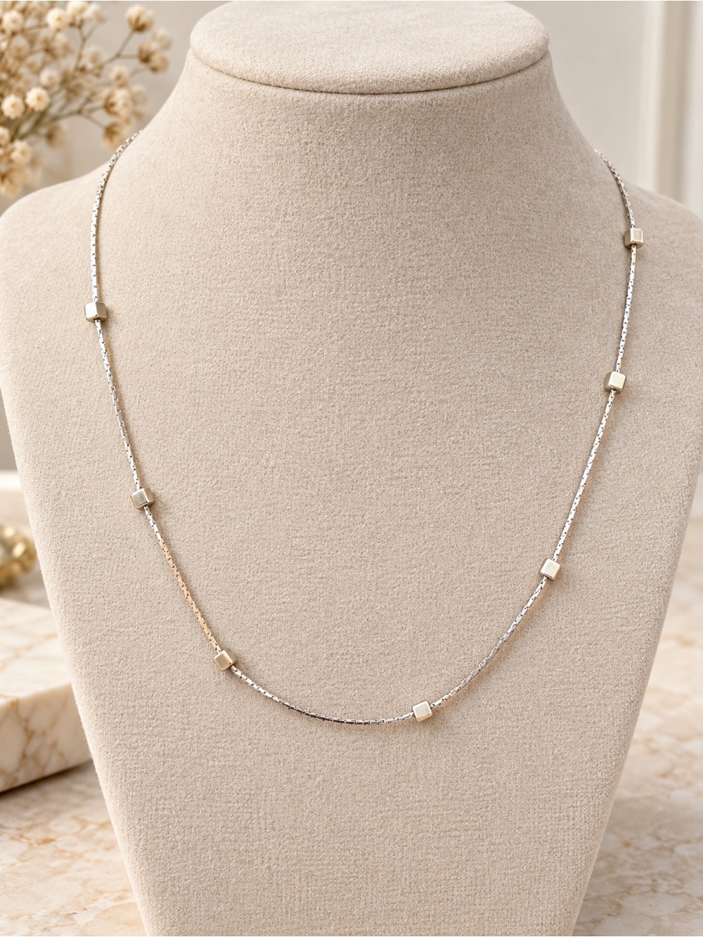 Silver Tone Snake Chain Necklace with Cube Beads Minimalist Geometric Jewelry